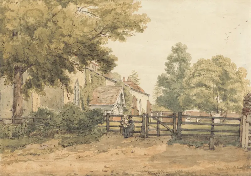 Aldenham Church by William Henry Hunt, oil painting, featuring a church at dawn surrounded by trees.