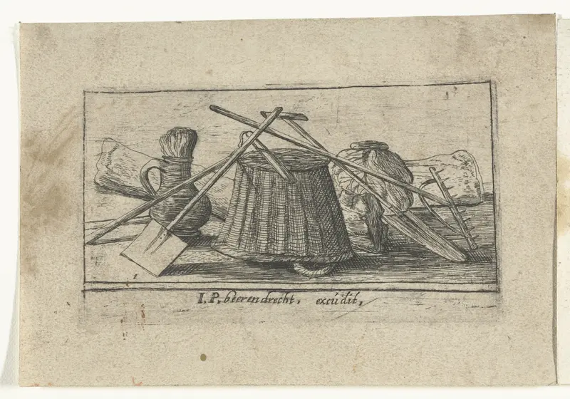 Etching of agricultural tools like plow, hoe, and sickle by Unknown Artist