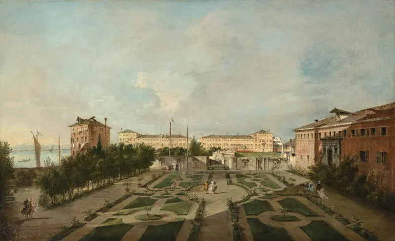 The Garden of Palazzo Contarini dal Zaffo, oil on canvas by Francesco Guardi, features figures in a garden.