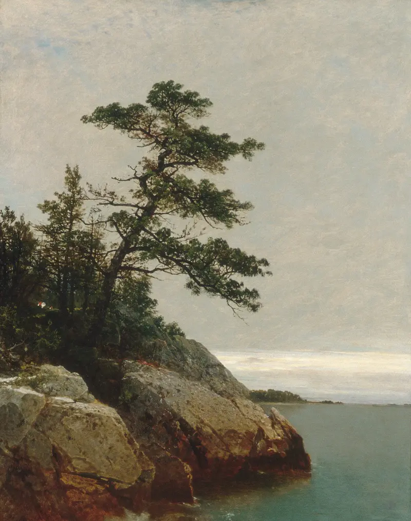 The Old Pine by John Frederick Kensett, oil on canvas showing a solitary pine tree in a serene landscape.