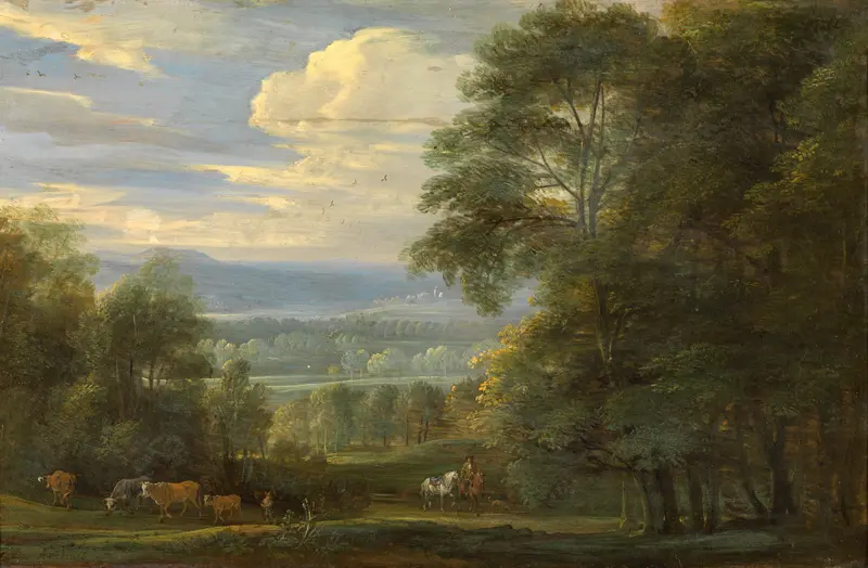 Landscape by Jacques d'Arthois, oil on canvas depicting hills and wildflowers under sunlight