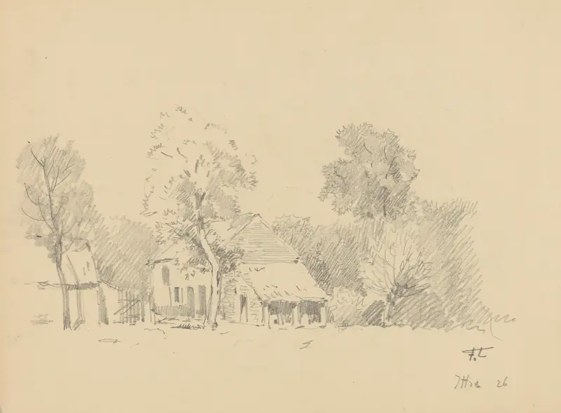Fermette à Ittre by Jean-François Taelemans, oil on canvas depicting a farmhouse in golden light.