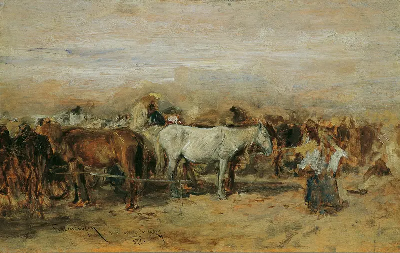 Genre scene depicting horse traders in Pferdemarkt in Szolnok II by August von Pettenkofen, oil painting