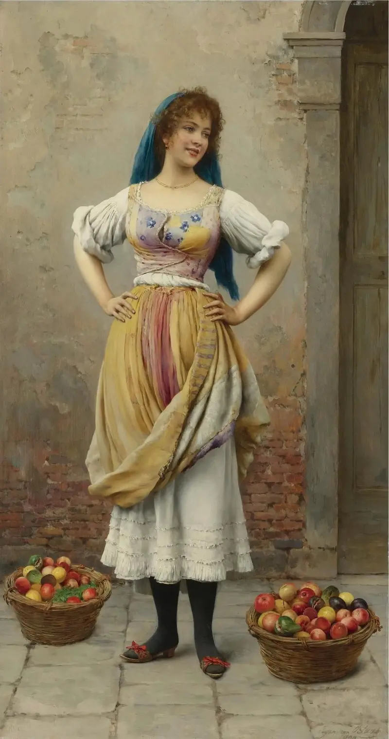 A young market girl stands with her basket in a bustling market scene.