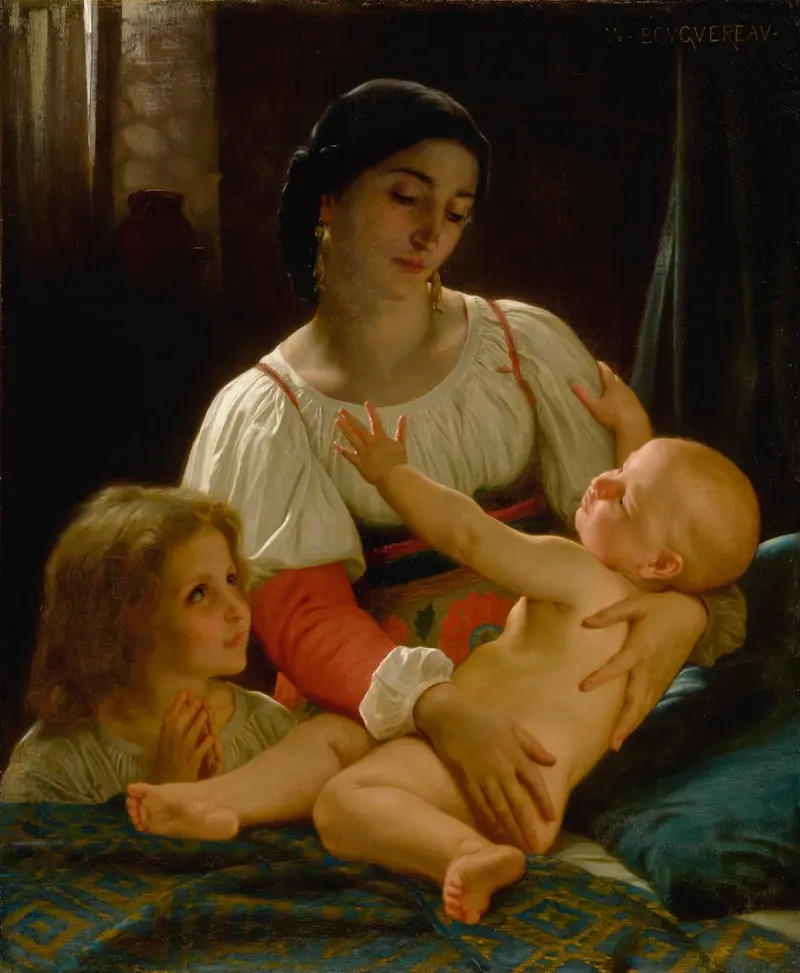A painting by William Bouguereau depicting a young woman awakening in a serene setting.