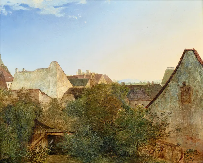 Landscape of suburban houses in oil on canvas by Adalbert Stifter
