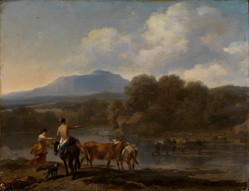 Landscape with lush greenery by Nicolaes Pietersz Berchem, oil painting.