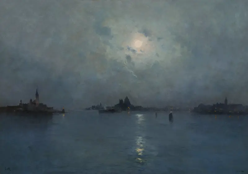 Impressionist landscape of Venice by Marie-Joseph-Leon Clavel, featuring canals and sunset reflections