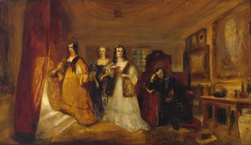 A historical painting depicting Lucy and Dorothy Percy visiting their father in the Tower of London.