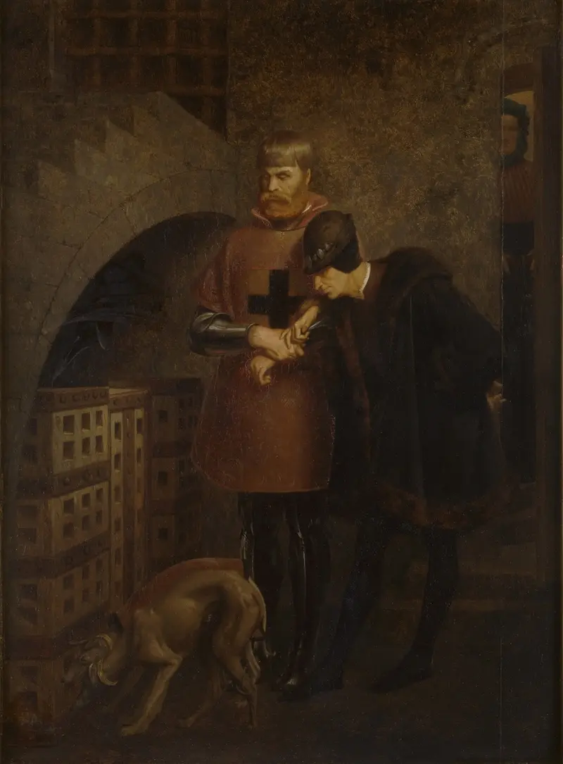 This painting depicts Louis XI of France visiting Cardinal Balue in his iron cage.