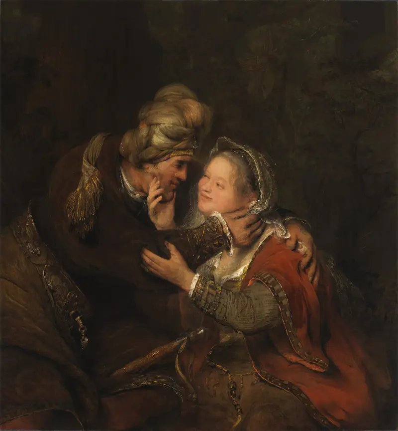 A man and woman in close proximity, engaged in a moment of intimate negotiation, with warm expressions and entwined hands.