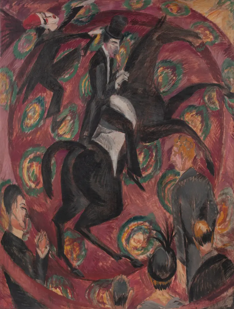 A circus rider in a top hat atop a rearing horse, surrounded by blurred audience and performers in a vibrant, chaotic scene.
