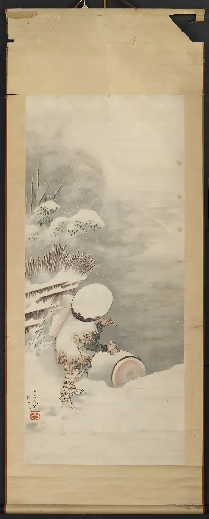 A serene winter scene depicting a lone traveler in a snow-covered Japanese village.