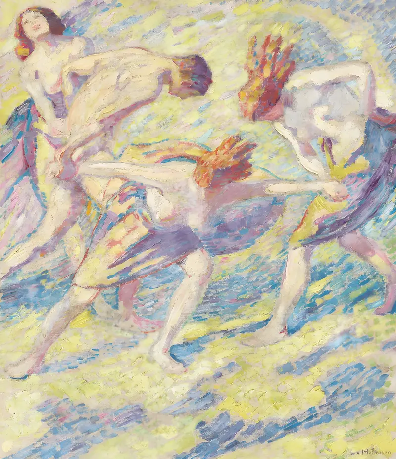A painting by Ludwig von Hofmann depicting a circular dance of figures in a dreamlike setting.