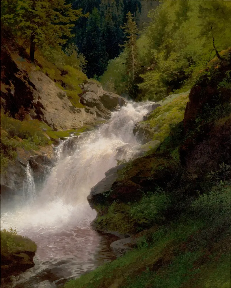Winona Falls, oil painting by Hermann Ottomar Herzog, depicting a waterfall and rugged rocks.