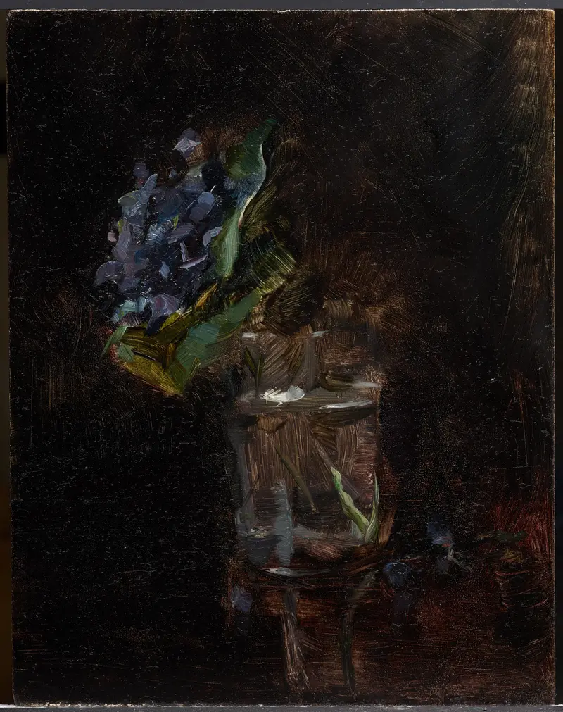 A vibrant still life painting featuring a bouquet of violets in a vase.