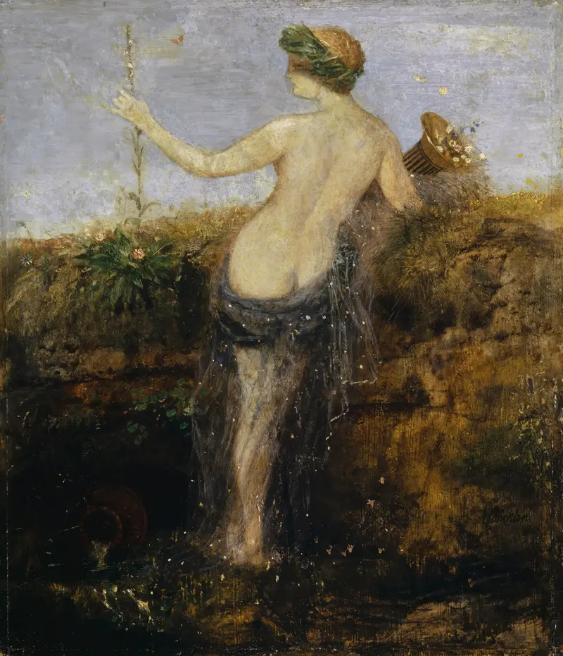 A nymph with a horn of plenty stands at the edge of a mossy bank, surrounded by flowers and fruit.
