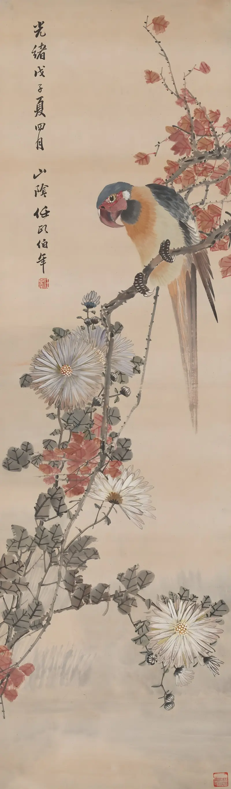 Parrot and Chrysanthemums, paper by Ren Yi, featuring a parrot and colorful flowers.