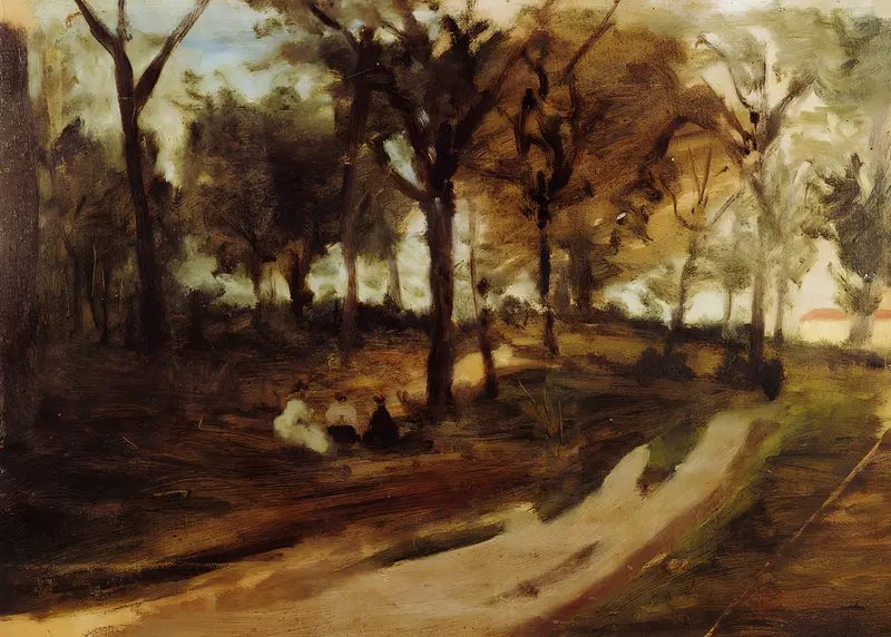 A tranquil forest scene captured by Paul Gauguin, showcasing soft light filtering through the trees.