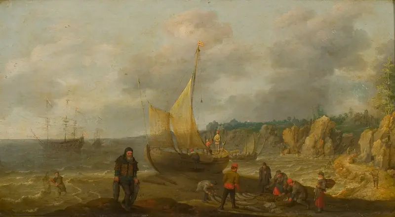 A coastal scene with fishermen sorting their catch under a vast, cloud-filled sky.