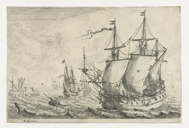Etching by Reinier Nooms depicting ships anchored in a calm harbor.