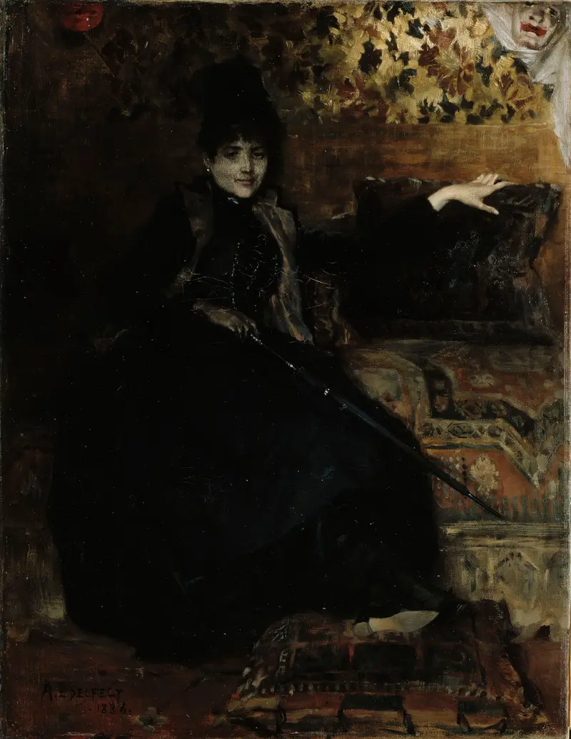 A portrait of a woman dressed in black, seated elegantly.