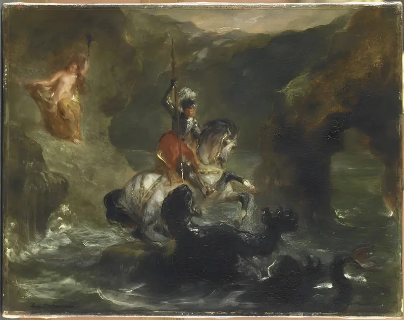 A knight on a rearing horse battles a dragon on a rocky shore with a partially draped woman standing on a ledge in the background.