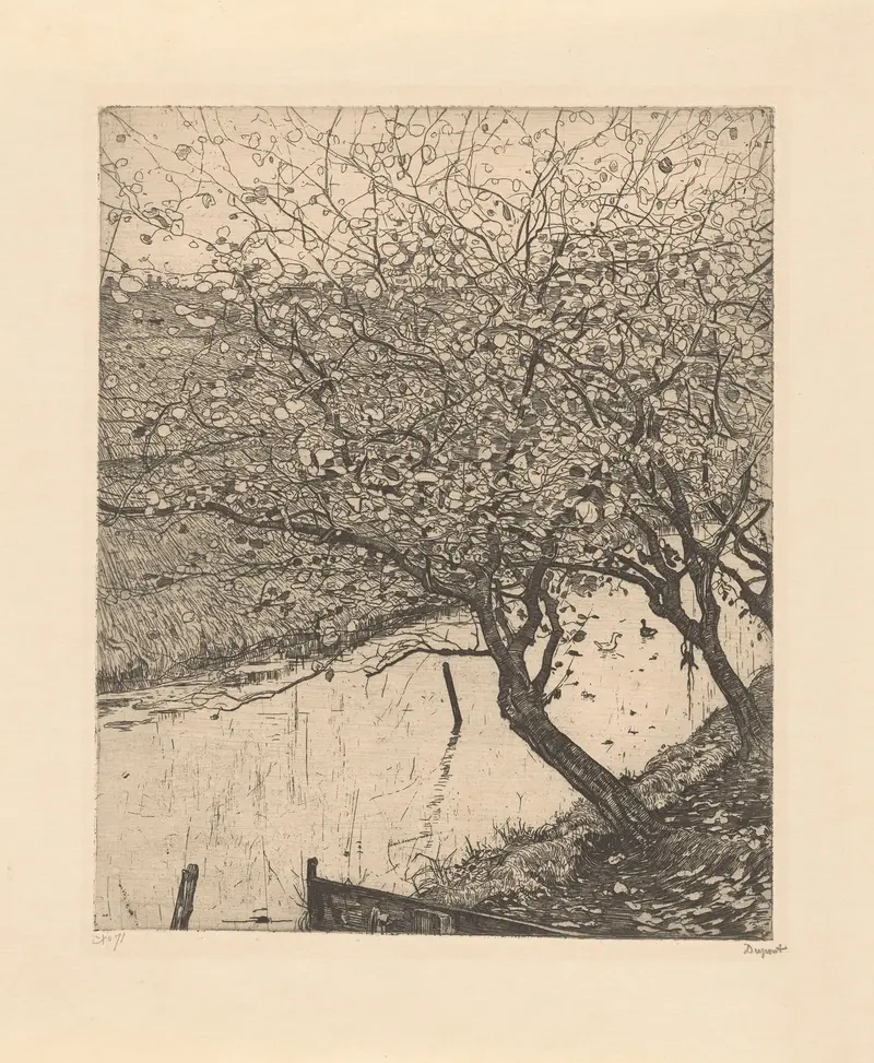 Post-Impressionism oil painting by Pieter Dupont depicting twisted apple trees along a waterway