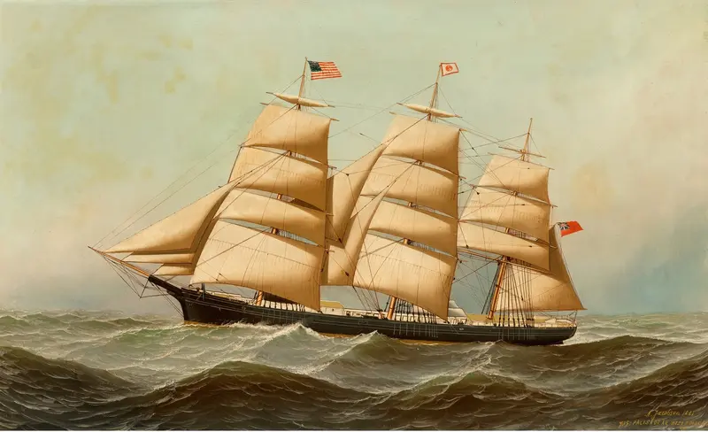 The Nile by Antonio Jacobsen, oil painting depicting a boat on a river with reflections.