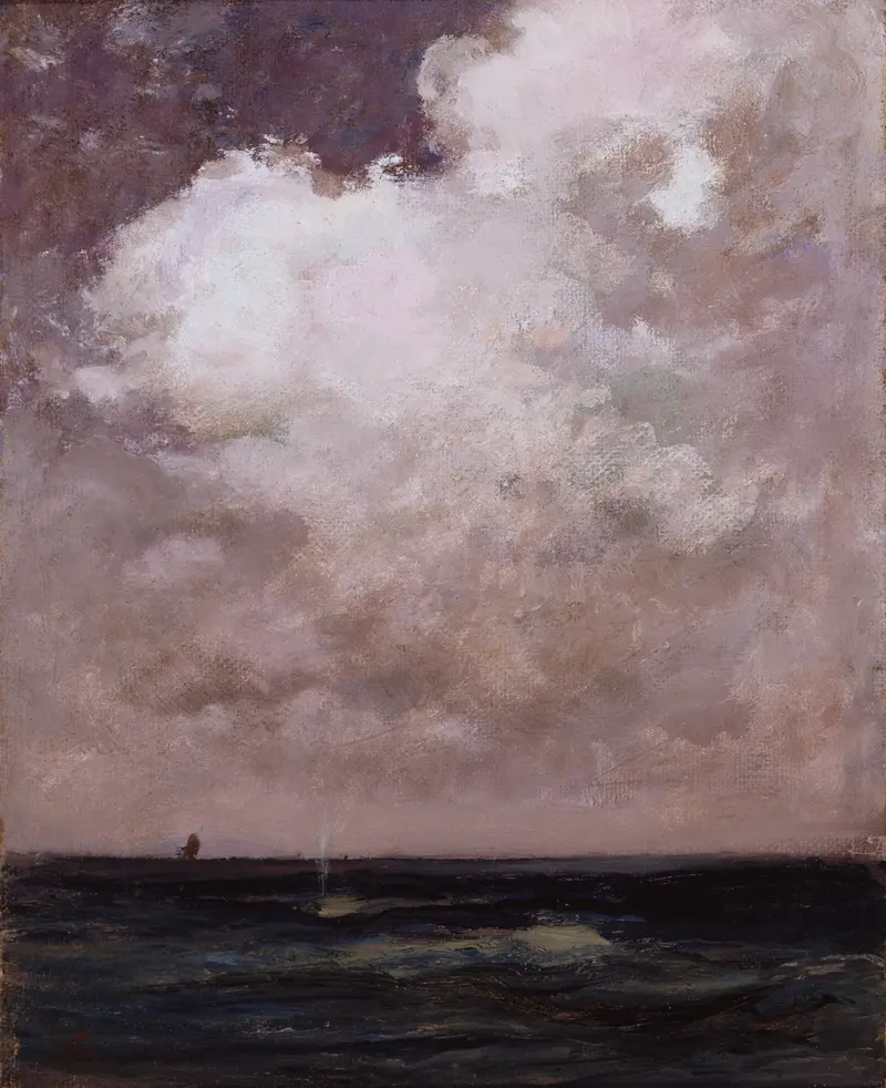 The Spouting Whale by William Morris Hunt, oil on canvas showing a whale spouting in turbulent ocean waves.