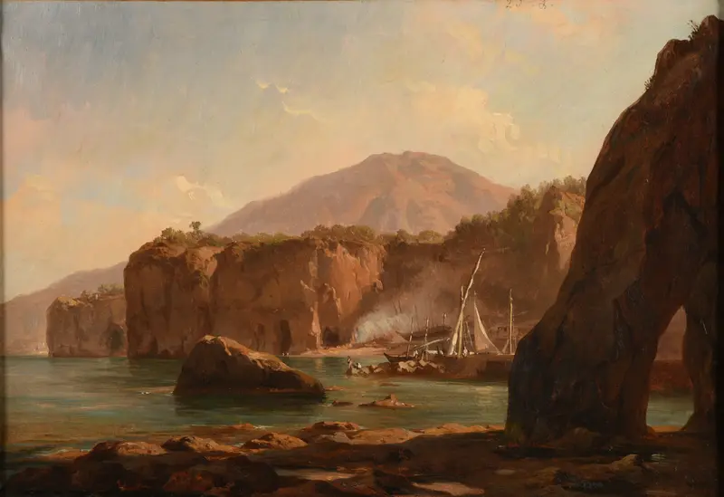 Landscape depicting eroded cliffs and sea at sunset by Jacques-Raymond Brascassat, oil painting