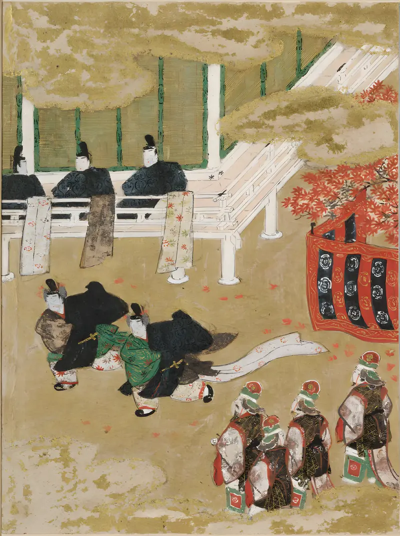 Illustration by Tosa Mitsunobu depicting autumn leaves in gold medium