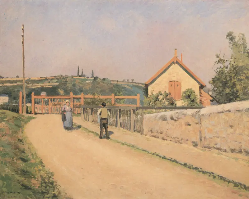 Oil painting by Camille Pissarro featuring a wooden fence, greenery, and clouds.