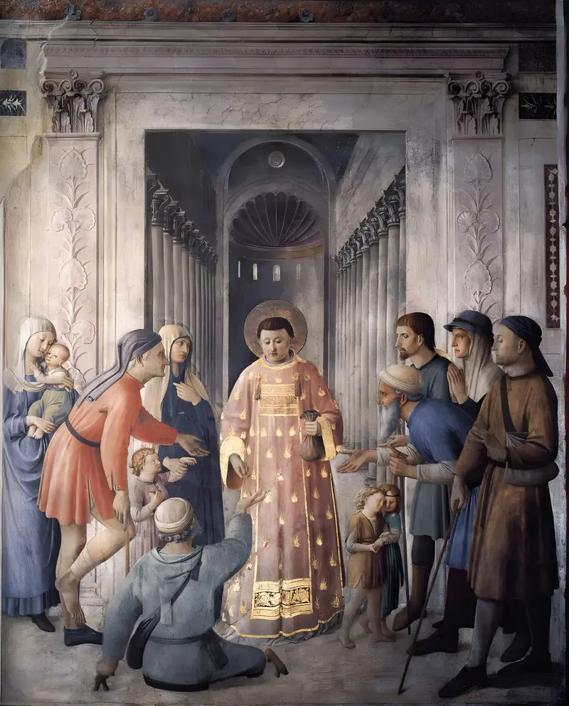 Fresco depicting St. Lawrence distributing alms to the poor, created by Fra Angelico.