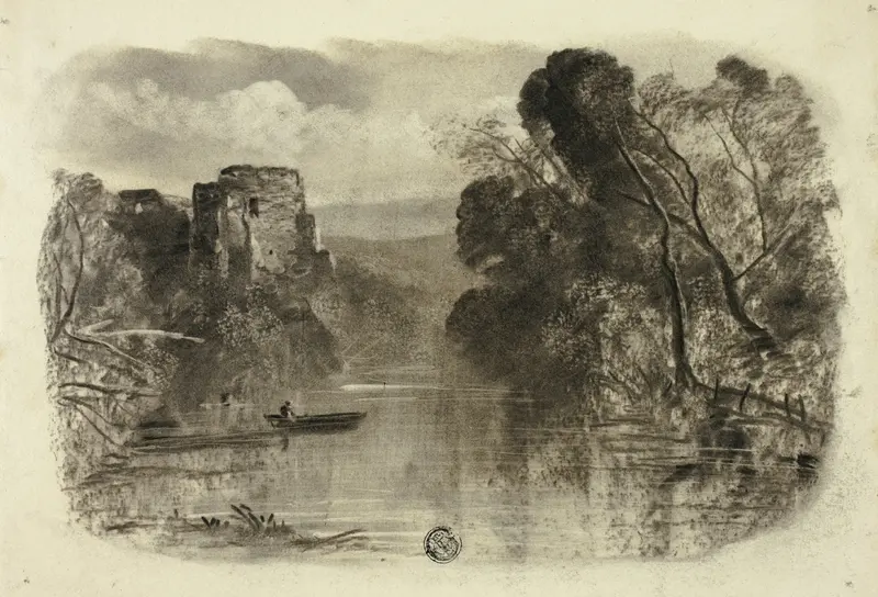 River with Castle Ruin and Boat I, oil on canvas by Elizabeth Murray