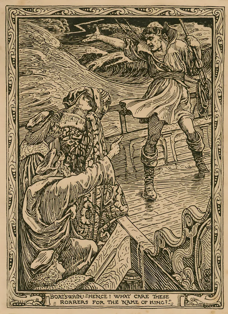 Walter Crane's painting depicts a dramatic maritime scene inspired by Shakespeare's The Tempest.