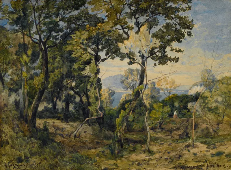 Landscape with blue sky and hills by Henri-Joseph Harpignies, oil painting