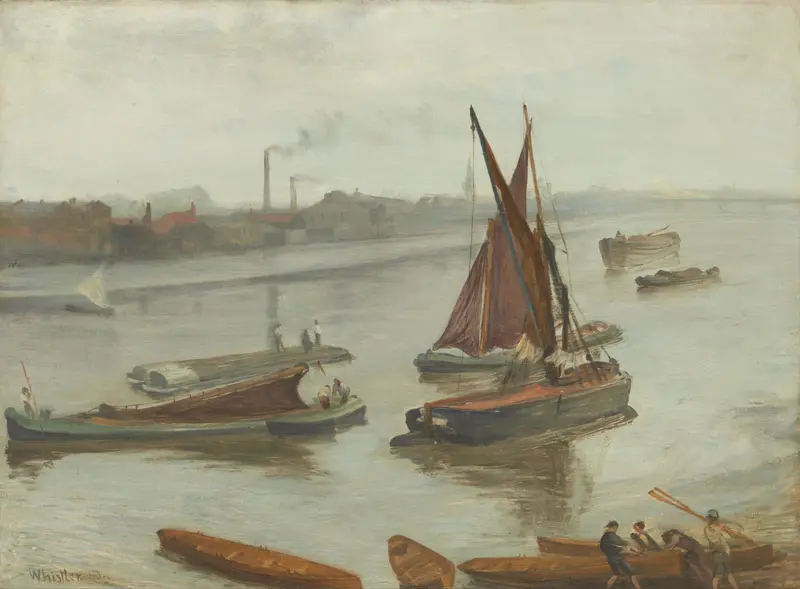 A cluster of boats and barges on the Thames with their reflections in silvery water, industrial buildings, and smoking chimneys in the background.