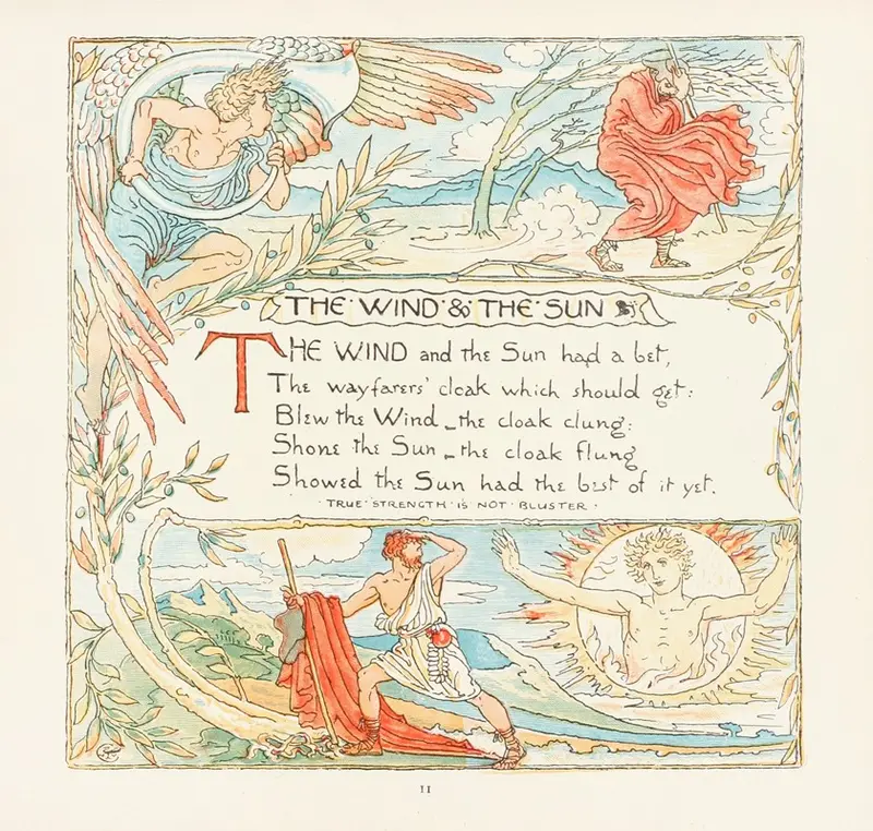 The Wind and the Sun by Walter Crane illustrates a classic fable with vibrant colors and detailed figures.