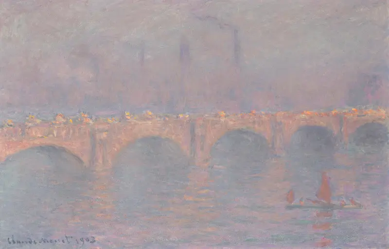 A long stone bridge with arches reflected in water stretches across a misty scene with soft purple and blue tones and glowing lights atop the bridge.