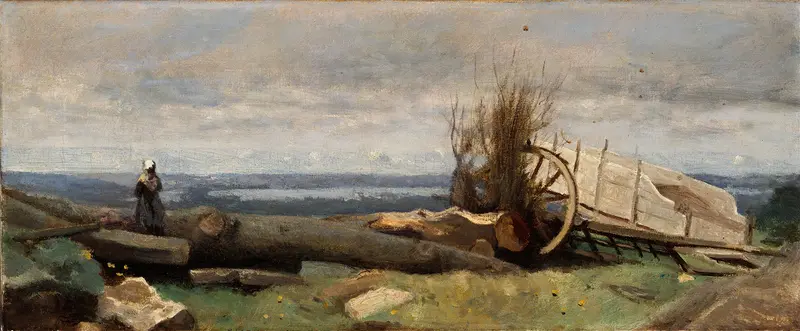 Oil painting by Jean-Baptiste-Camille Corot depicting a serene landscape with grass and warm light.