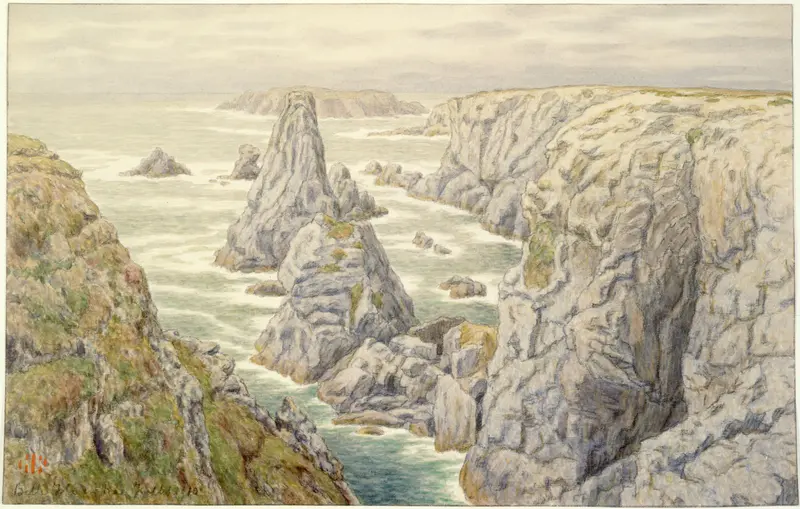 Rochers de Port Coton by Henri Rivière, oil painting depicting crashing waves and cliffs