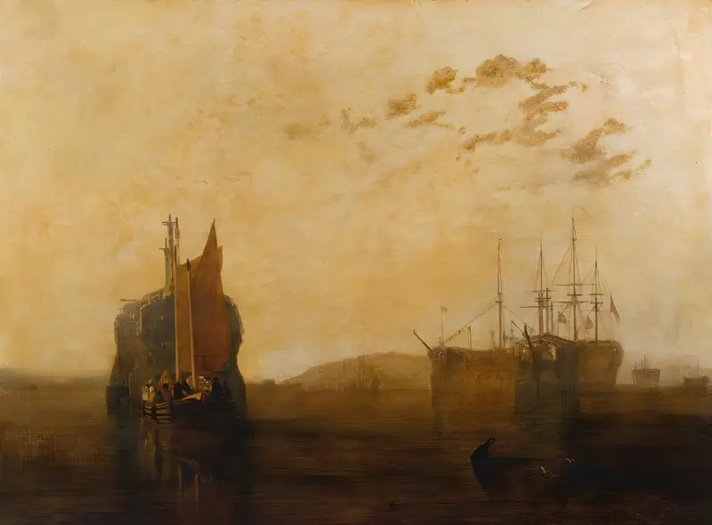 A painting depicting abandoned prison ships moored on the River Tamar at dusk.