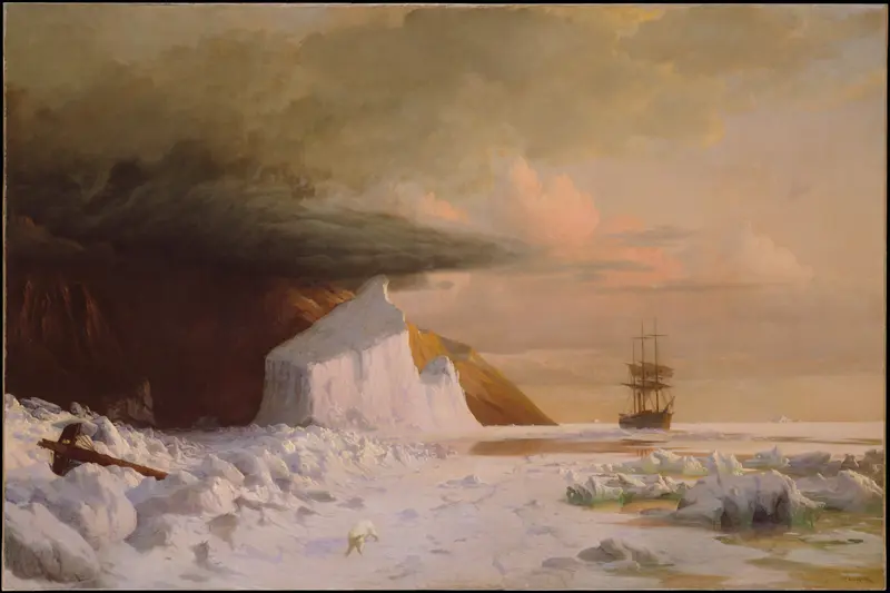 An Arctic Summer by William Bradford, oil on canvas, depicting icebergs in a serene Arctic landscape.