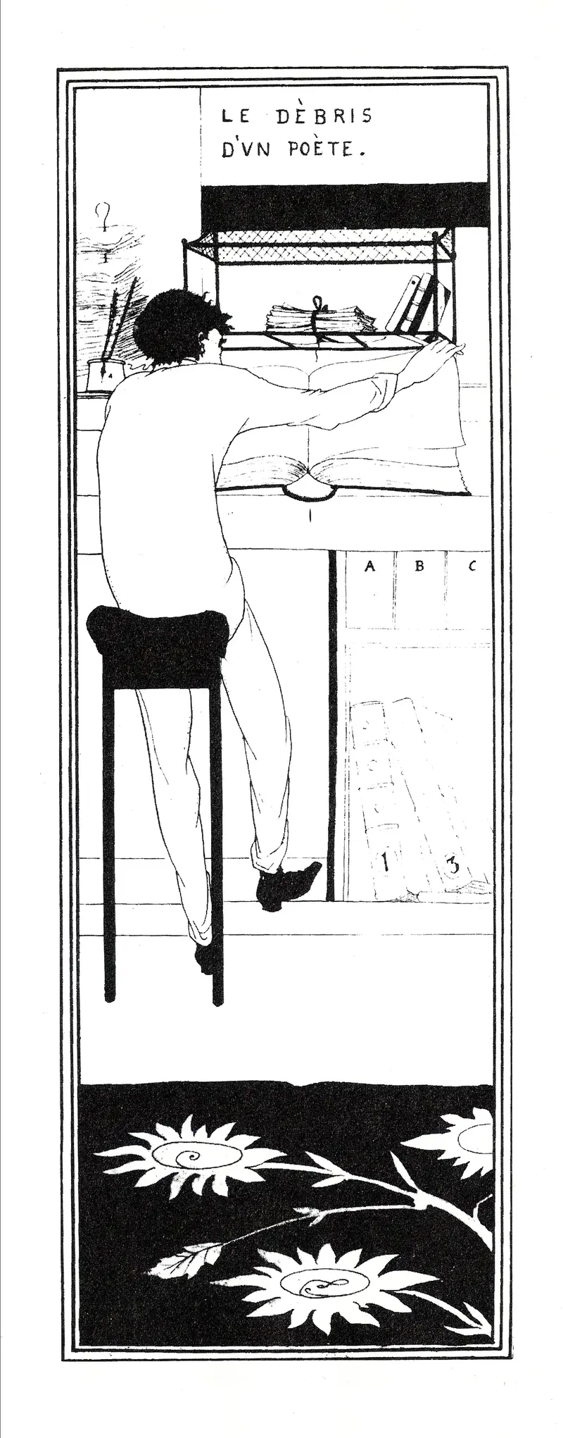 A solitary figure sits on a tall stool with arms stretched wide across a large book, surrounded by stark black and white lines.