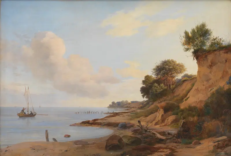 Marine scene with gentle waves and sandy shore, oil painting by Anders Christian Lunde