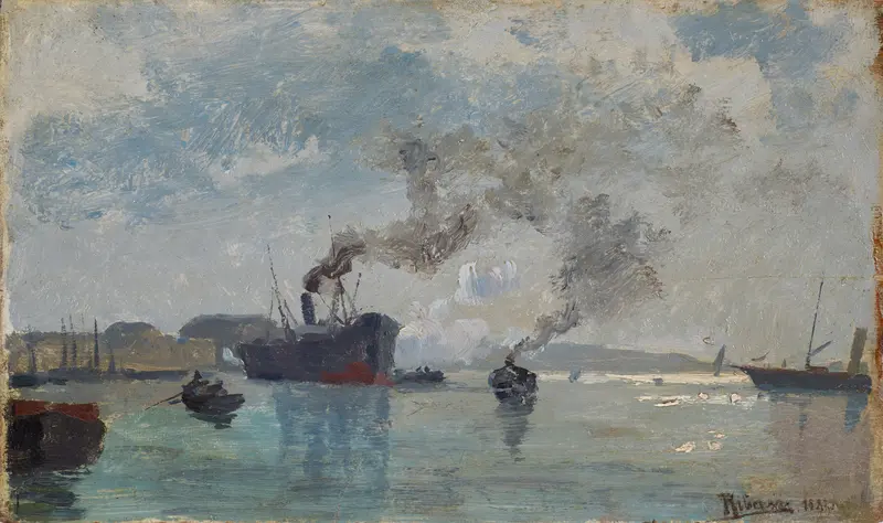 Schiffe im Hafen by Rudolf Ribarz, oil on canvas depicting ships in a harbor