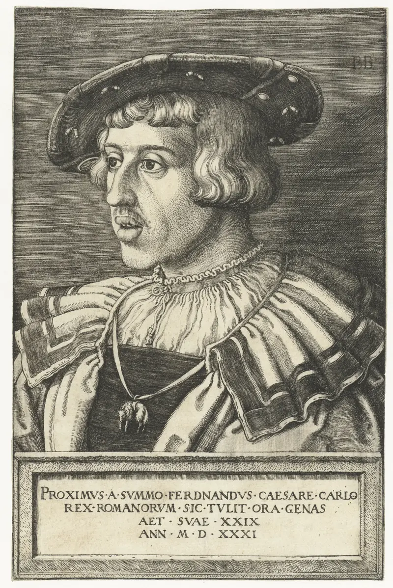 Engraving of Emperor Ferdinand I by Barthel Beham, showcasing ornate garments and a stern gaze.