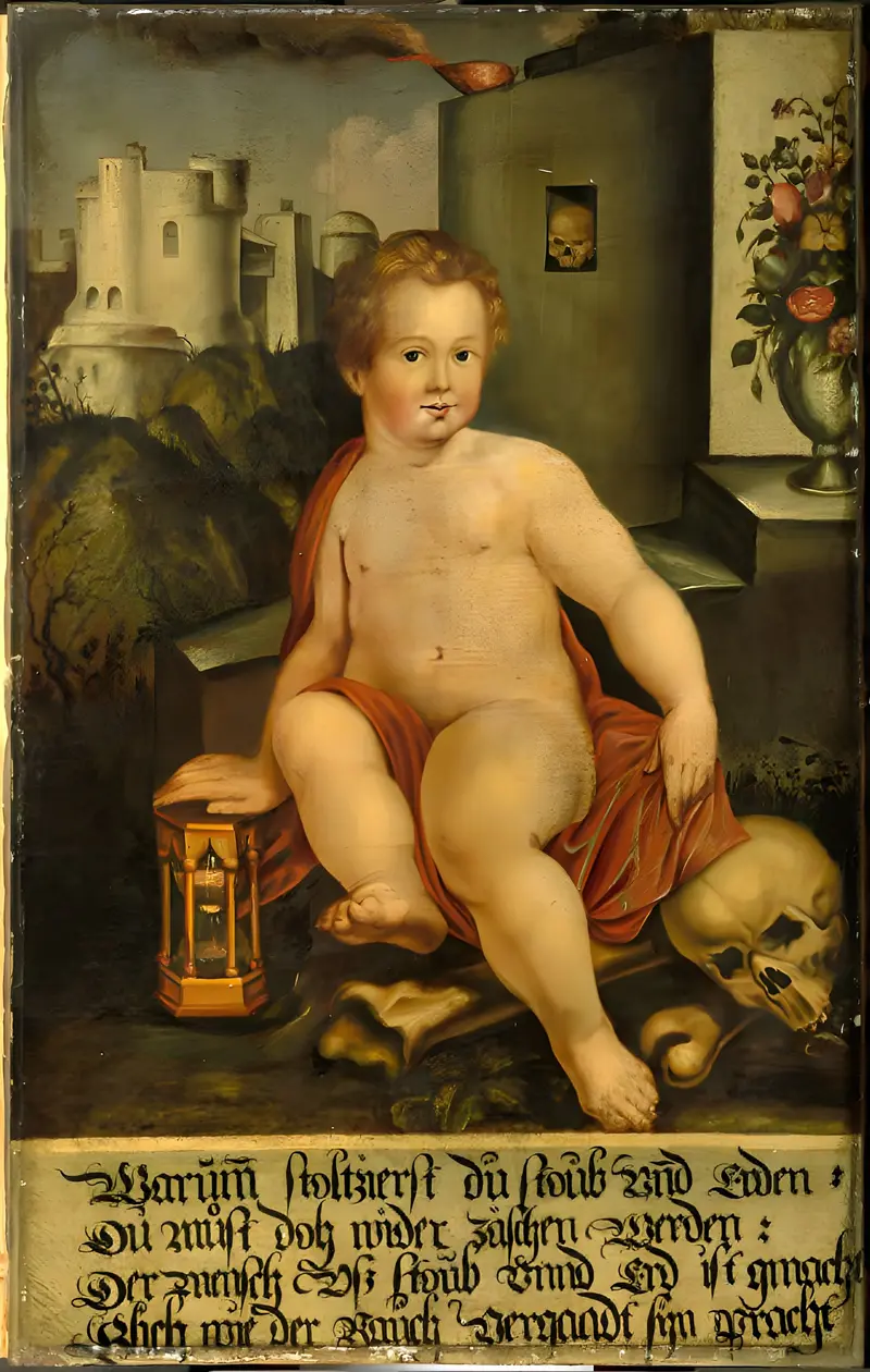 Still life with skull, candle, and flowers, oil on canvas by unidentified artist