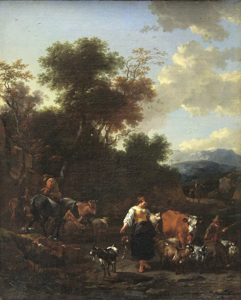 Italian Landscape with Shepherds at a River, oil painting by Nicolaes Pietersz Berchem